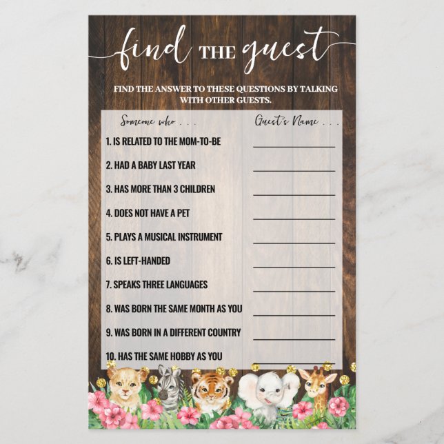 Rustic Pink Safari Find the Guest Shower Game Card Flyer (Front)