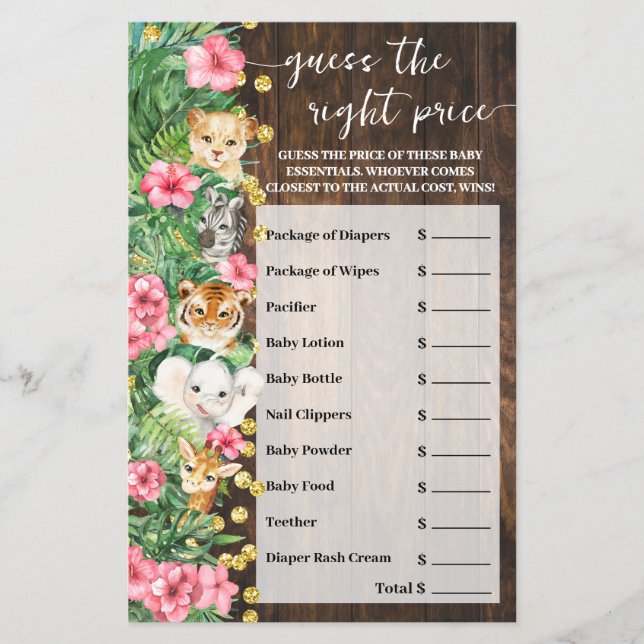Rustic Pink Safari Guess Right Price Shower Game Flyer (Front)