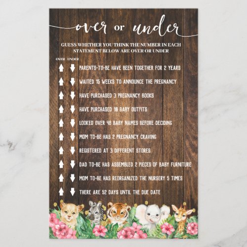 Rustic Pink Safari Over or Under Shower Game Card