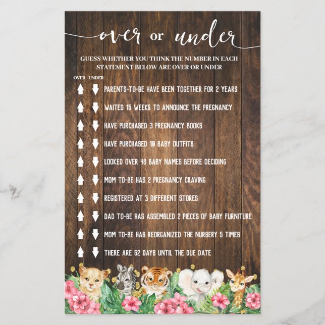 Rustic Pink Safari Over or Under Shower Game Card Flyer (Front)