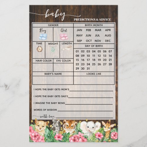 Rustic Pink Safari Predictions Baby Shower Card