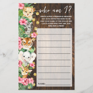 Rustic Pink Safari Who am I Baby Shower Game Card Flyer