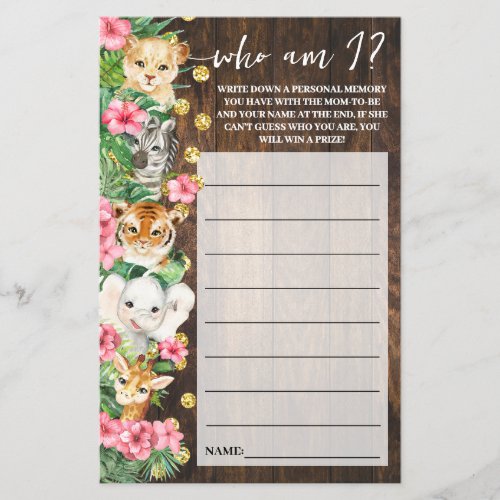 Rustic Pink Safari Who am I Baby Shower Game Card