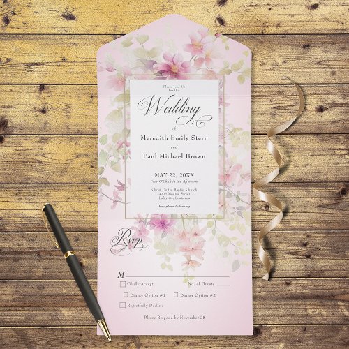 Rustic Pink  Sage Watercolor Floral Pink Dinner All In One Invitation