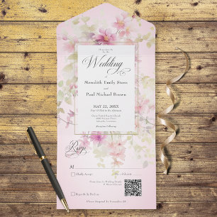 Rustic Pink & Sage Watercolor Floral Pink QR Code All In One Invitation