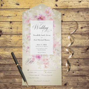 Rustic Pink & Sage Watercolor Floral Sage Dinner All In One Invitation