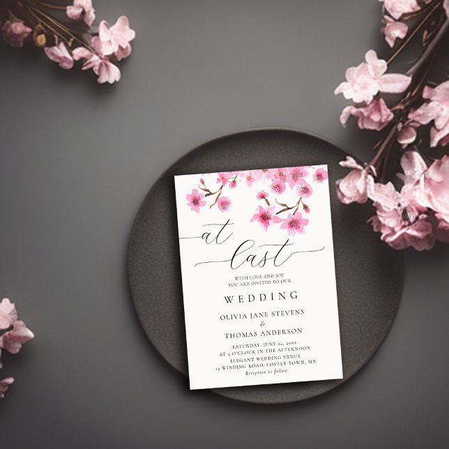 Rustic Pink Spring Cherry Blossoms At Last Wedding Invitation (cherry blossom wedding invitation watercolor modern casual elegant classy stylish chic card design)