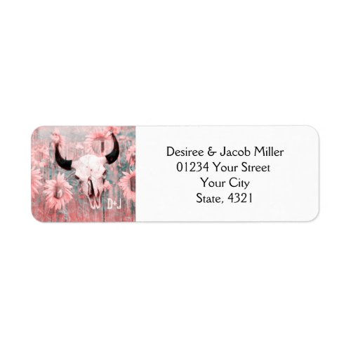 Rustic Pink Sunflowers Bull Skull Save The Date Label