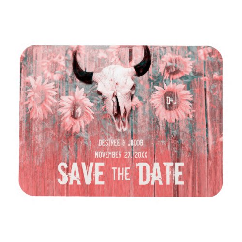 Rustic Pink Sunflowers Bull Skull Save The Date Magnet