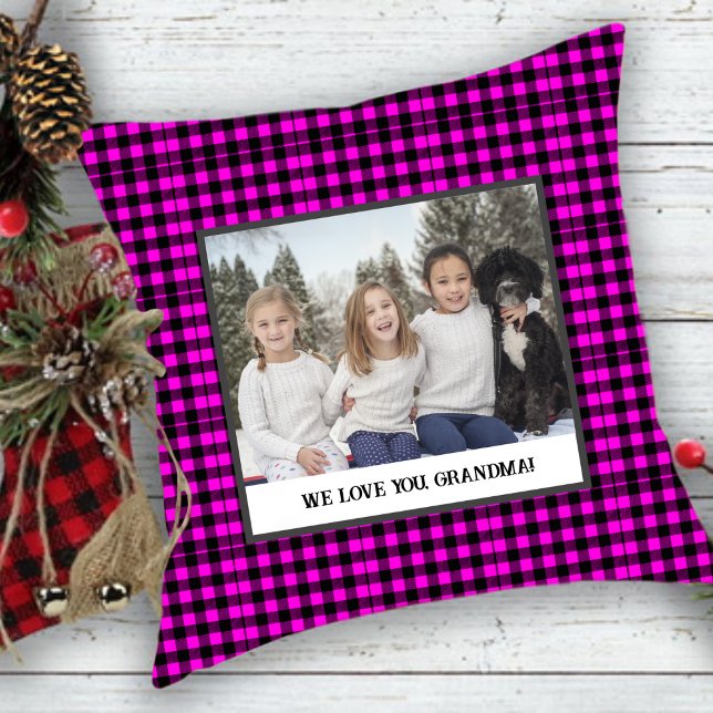 Rustic Pink Tartan  Photo For Grandparent Throw Pillow (Creator Uploaded)