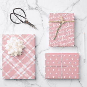 Rustic Pink Tartan Plaid Happy Holidays Wrapping Paper Sheets