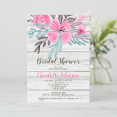 Rustic pink teal floral watercolor bridal shower invitation (Standing Front)