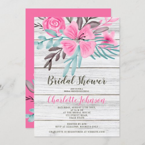 Rustic pink teal floral watercolor bridal shower invitation