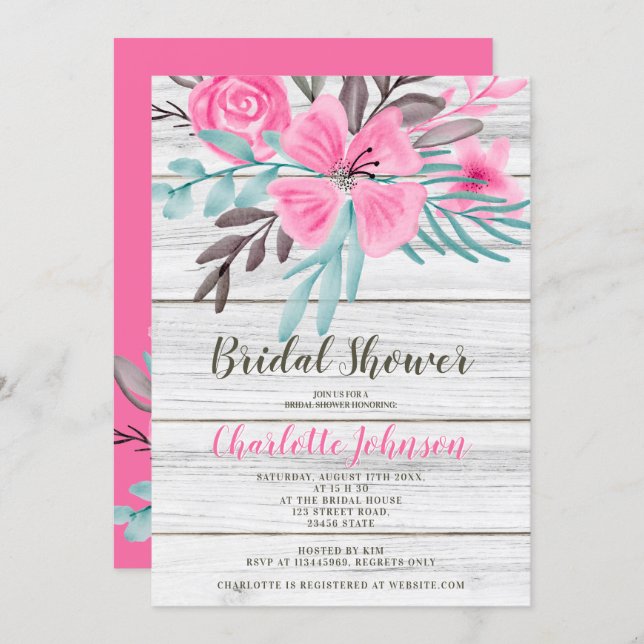 Rustic pink teal floral watercolor bridal shower invitation (Front/Back)