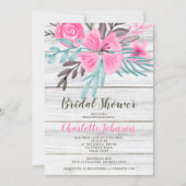 Rustic pink teal floral watercolor bridal shower invitation (Front)