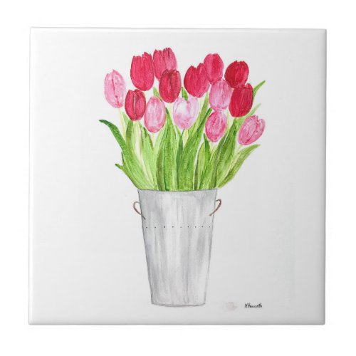 Rustic Pink Tulips floral Spring chic kitchen Ceramic Tile