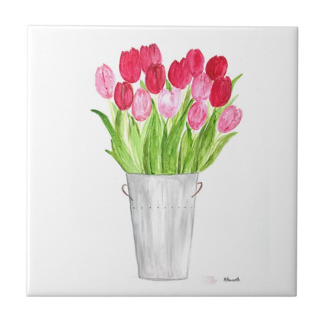 Rustic Pink Tulips floral Spring chic kitchen Ceramic Tile (Front)