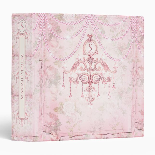 Rustic Pink Vintage Chandelier Watercolor Monogram 3 Ring Binder (Front/Spine)
