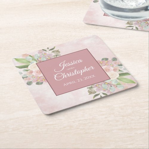 Rustic Pink Watercolor Floral Bohemian Wedding Square Paper Coaster