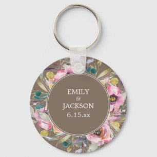 Rustic Pink Watercolor Floral Brown Wedding Keychain