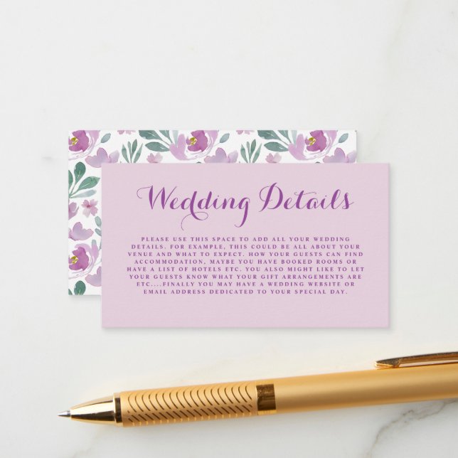 Rustic Pink Watercolor Floral Wedding Details Enclosure Card (Front/Back In Situ)