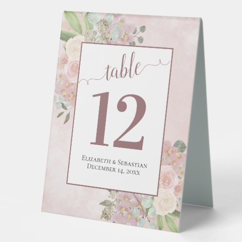 Rustic Pink Watercolor Floral Wedding Table Number Table Tent Sign