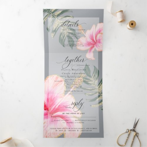 Rustic Pink Watercolor Hibiscus Floral Wedding Tri_Fold Invitation