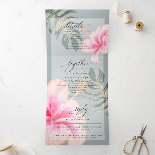 Rustic Pink Watercolor Hibiscus Floral Wedding Tri Tri_Fold Invitation
