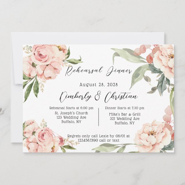 Rustic Pink Watercolor Peony Rehearsal Dinner Invitation (Front)
