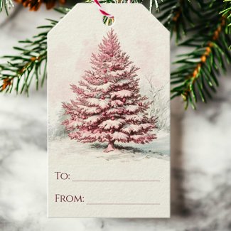 Rustic Pink Watercolor Winter Pine Tree Christmas