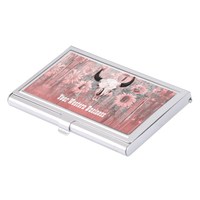 Rustic Pink Western Bull Skull Sunflower Wood Business Card Case (Front)