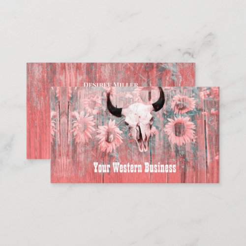 Rustic Pink Western Bull Skull Sunflowers On Wood Business Card