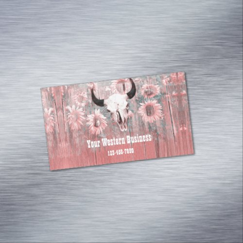 Rustic Pink Western Bull Skull Sunflowers On Wood Business Card Magnet