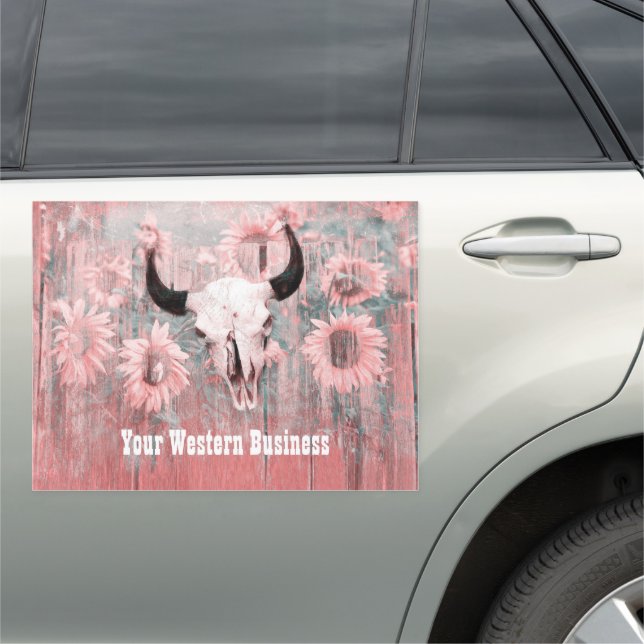 Rustic Pink Western Bull Skull Sunflowers On Wood Car Magnet (In Situ)