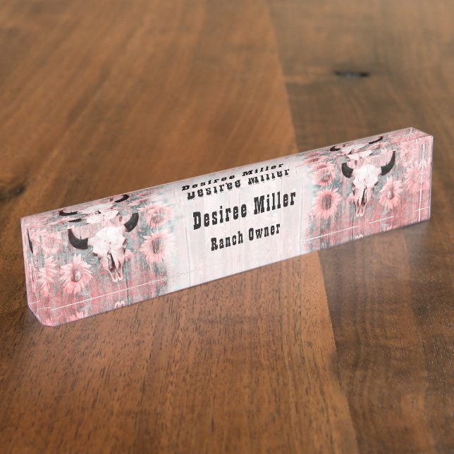 Rustic Pink Western Bull Skull Sunflowers On Wood Desk Name Plate (Side)