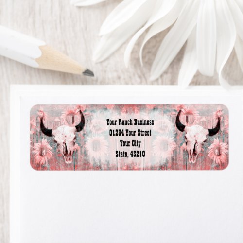 Rustic Pink Western Bull Skull Sunflowers On Wood Label