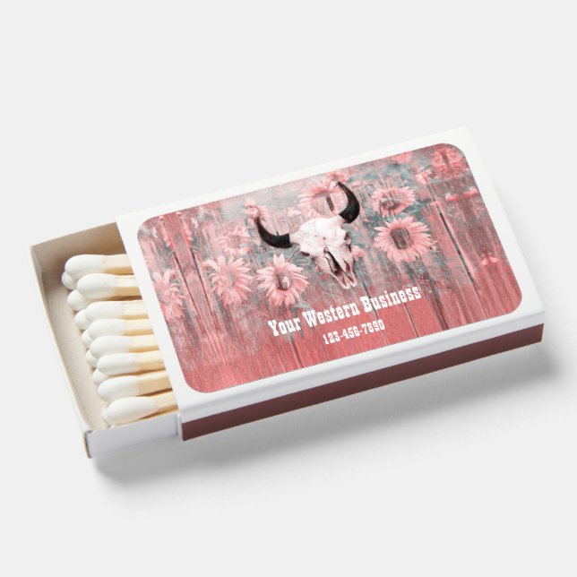 Rustic Pink Western Bull Skull Sunflowers On Wood Matchboxes (Front Open)