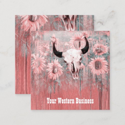 Rustic Pink Western Bull Skull Sunflowers On Wood Square Business Card