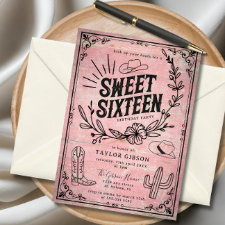 Rustic Pink Western Floral Sweet Sixteen Birthday  Invitation
