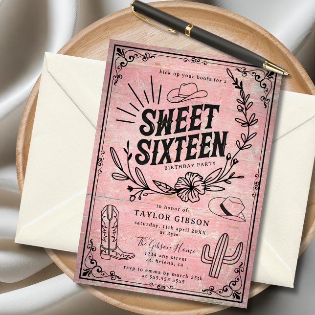 Rustic Pink Western Floral Sweet Sixteen Birthday  Invitation (Rustic pink cowgirl sweet sixteen invitation with western floral design and cowboy hat accents.)