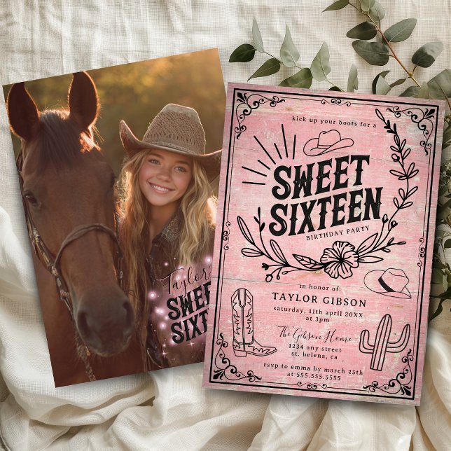 Rustic Pink Western Floral Sweet Sixteen Photo Invitation (Rustic pink cowgirl sweet sixteen photo invitation with western floral design and cowboy hat.)