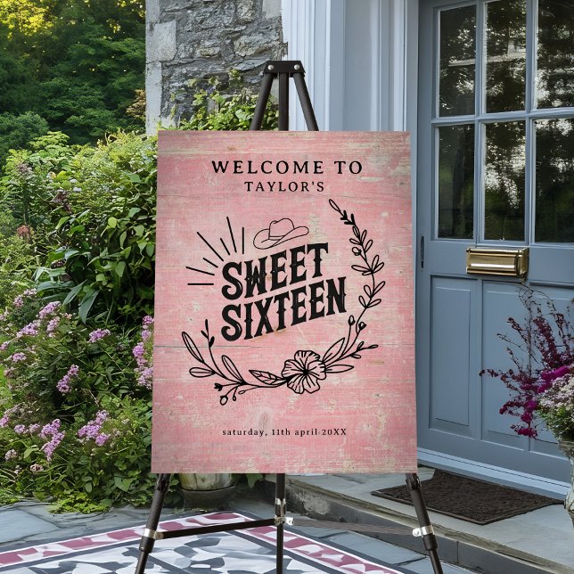 Rustic Pink Western Floral Sweet Sixteen Welcome Foam Board (Rustic pink cowgirl sweet sixteen welcome sign with floral design displayed at entryway.)