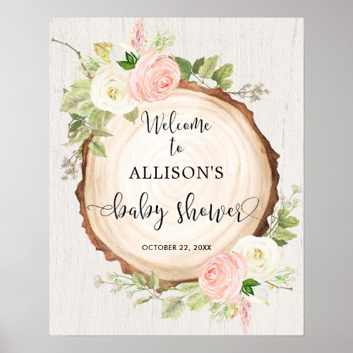 Rustic pink white floral baby shower welcome sign