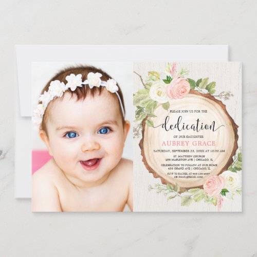 Rustic pink white floral girl dedication photo invitation
