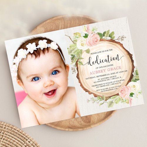 Rustic pink white floral girl dedication photo invitation