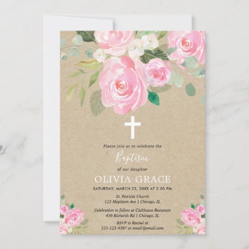 Rustic pink white floral watercolors baptism girl invitation