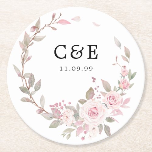 Rustic Pink White Floral Wedding Monogram and Date Round Paper Coaster