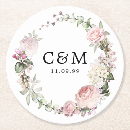 Rustic Pink White Floral Wedding Monogram and Date Round Paper Coaster