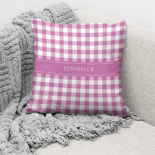 Rustic Pink & White Gingham Pattern Name Throw Pillow