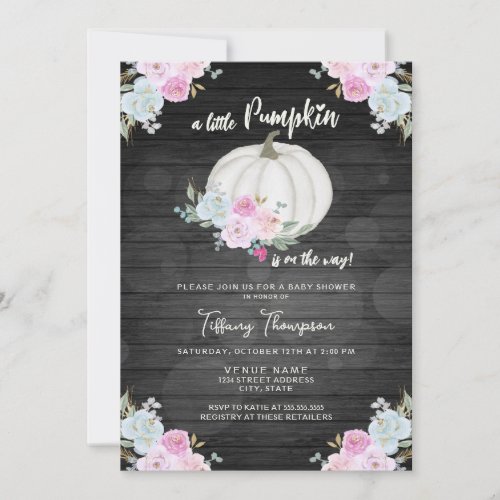 Rustic Pink White Little Pumpkin Fall Baby Shower Invitation